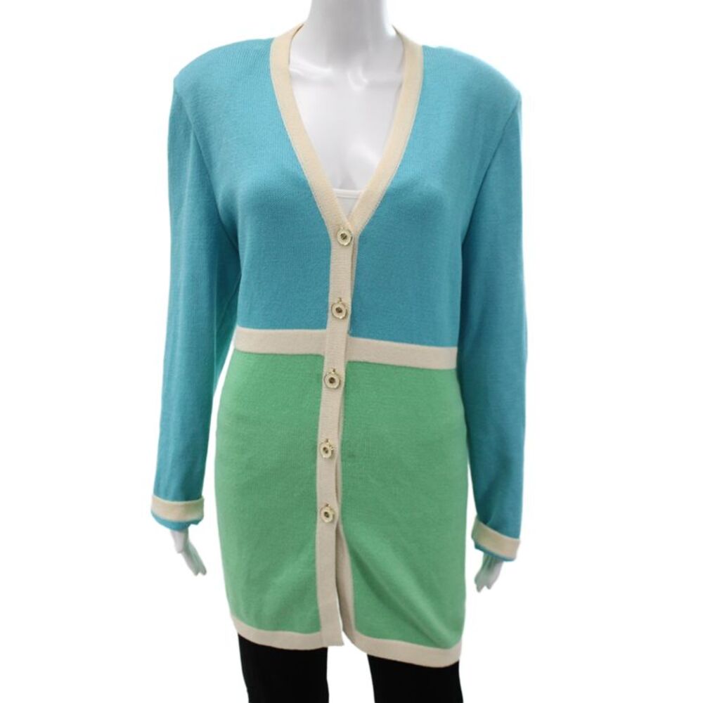 St. John Collection By Marie Gray Womens Cardigan Blue VNeck Colorblock Size 14